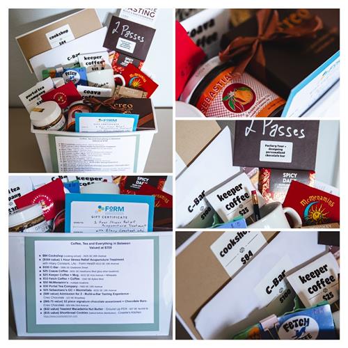 collage of pictures featuring the items in the Coffee and Tea themed auction basket