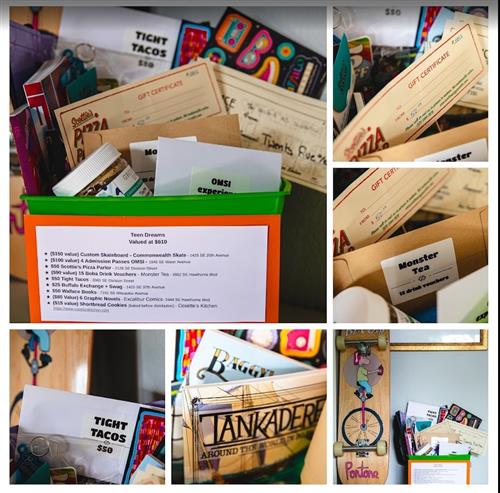 collage of pictures featuring the items in the Teen Dream themed auction basket