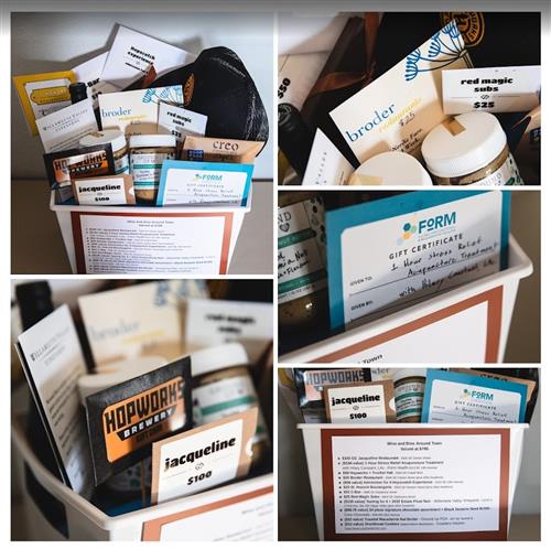 collage of pictures featuring the items in the Wine and Dine themed auction basket