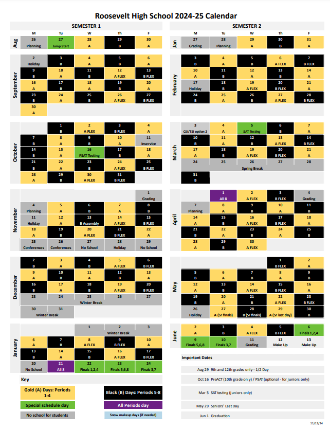 Image of Roosevelt school calendar for the 2024-25 school year with a link to download, or copy.