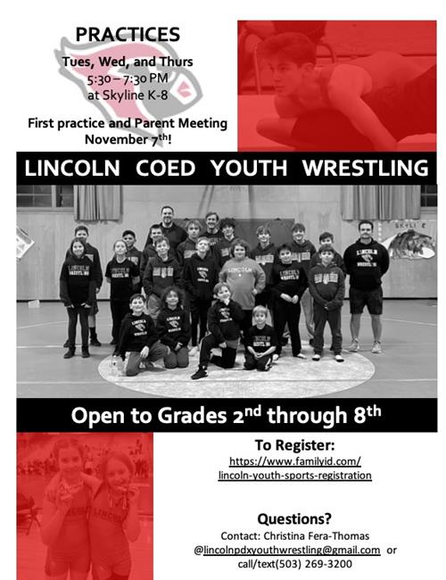 Lincoln Coed Youth Wrestling: First Practice and Parent Meeting on Nov 7th @ 5:30pm at Skyline K-8