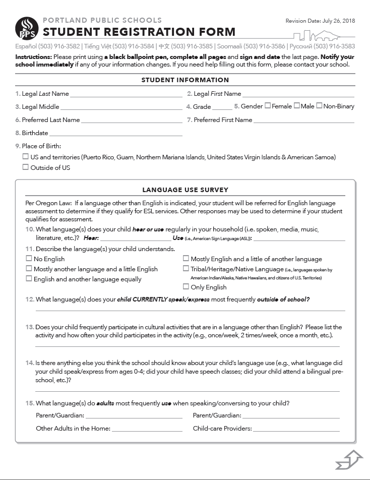 enrollment transfer student registration form