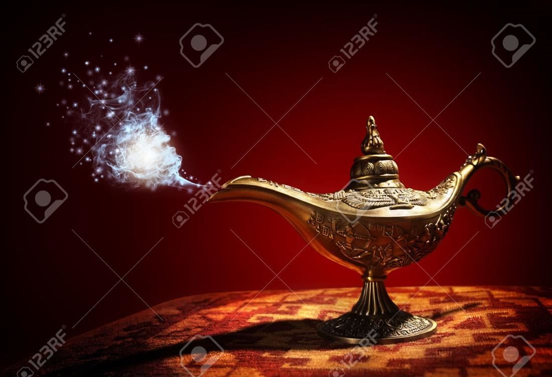 Magic lamp with emerging genie 