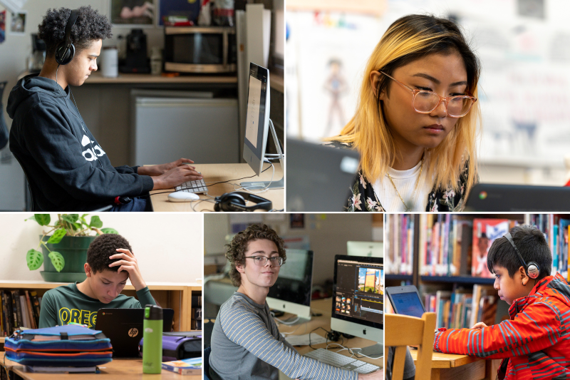  Collage of students on computers