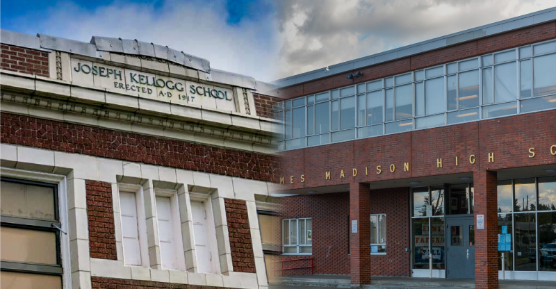  Photo montage of the facades of Kellogg and Madison schools.
