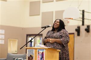 Renee Watson speaking at Lane Middle School 