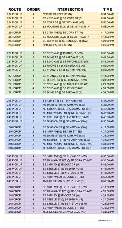 List of bus routes and pick up and drop off times