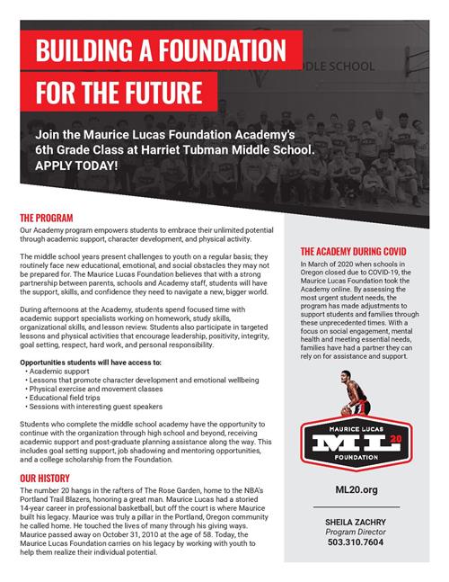Maurice Lucas Foundation Academy flyer 