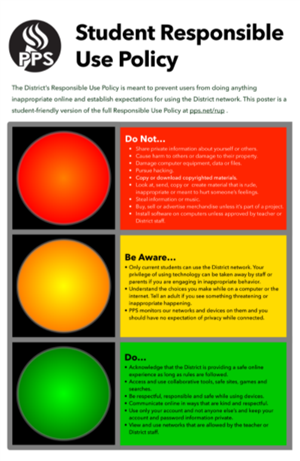 student responsible use policy poster with red, yellow, and green traffic lights