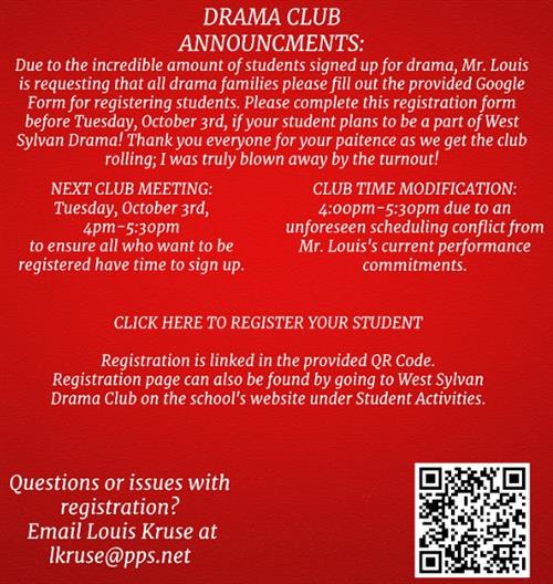 Next West Sylvan Drama Club meeting is Tues, Oct 3rd