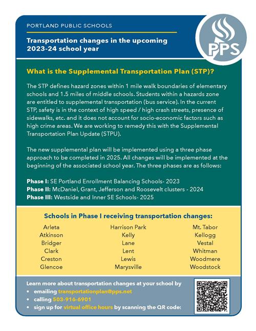 Transportation Changes in the upcoming 2023-24 School Year - email transportationplan@pps.net or call (503) 916-6901