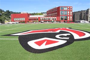 Cardinal logo in the center of the new field with the school in the background