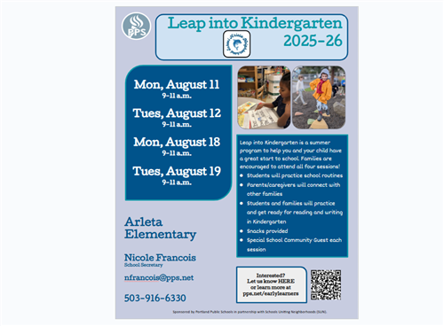 The Leap into Kindergarten Flier for Arleta Elementary.