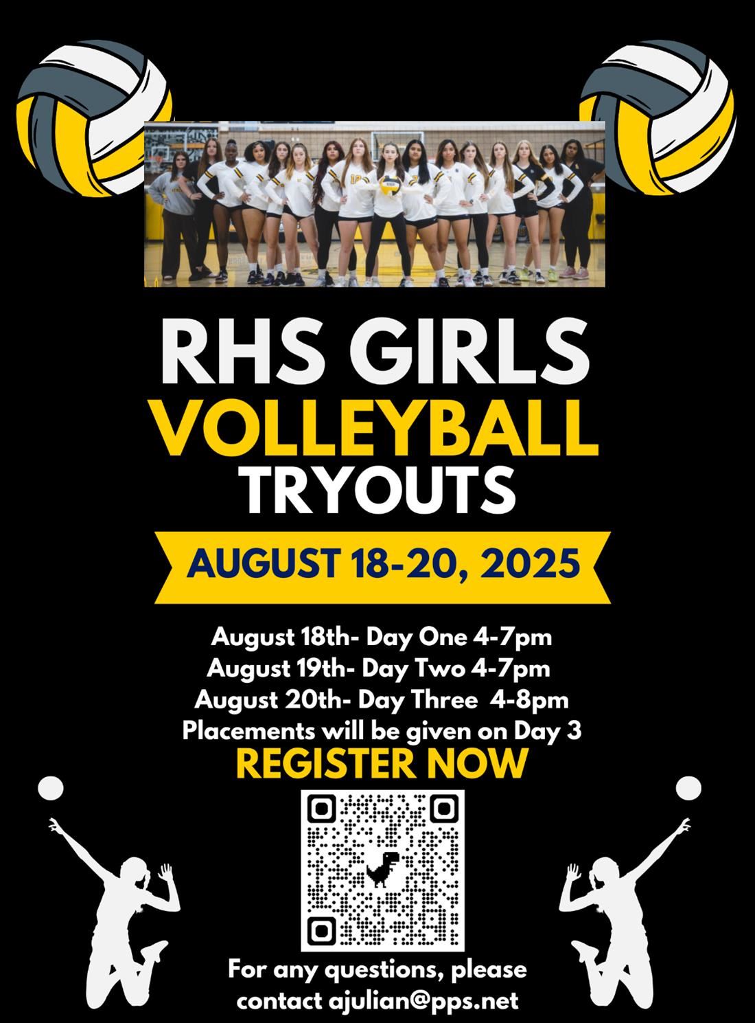 Image shows volleyball registration info. Scan the Q.R. code to register.